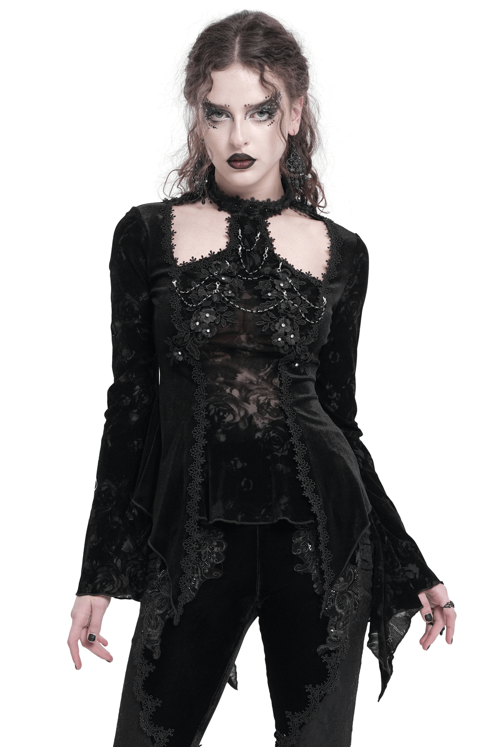 Chic Lace Long-Sleeved Top with Pearls and Roses