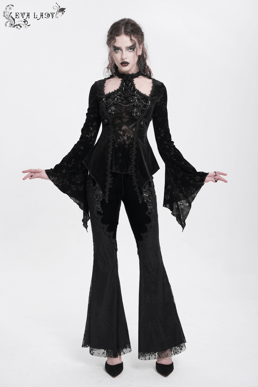 Chic Lace Long-Sleeved Top with Pearls and Roses