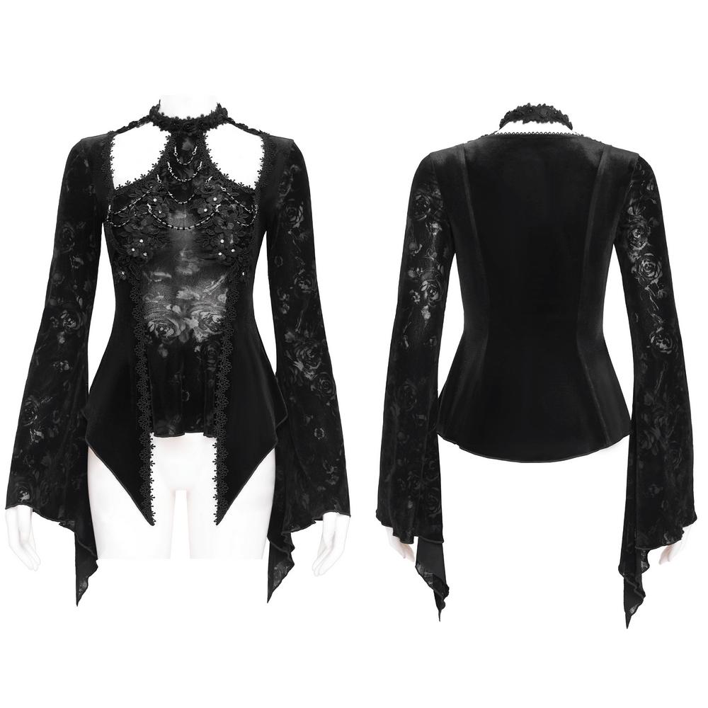 Chic Lace Long-Sleeved Top with Pearls and Roses