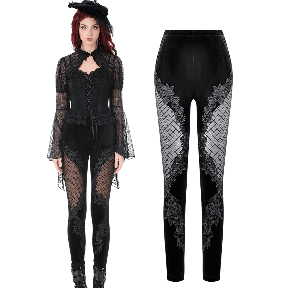 Chic Lace Mesh Panel Leggings with Floral Embroidery