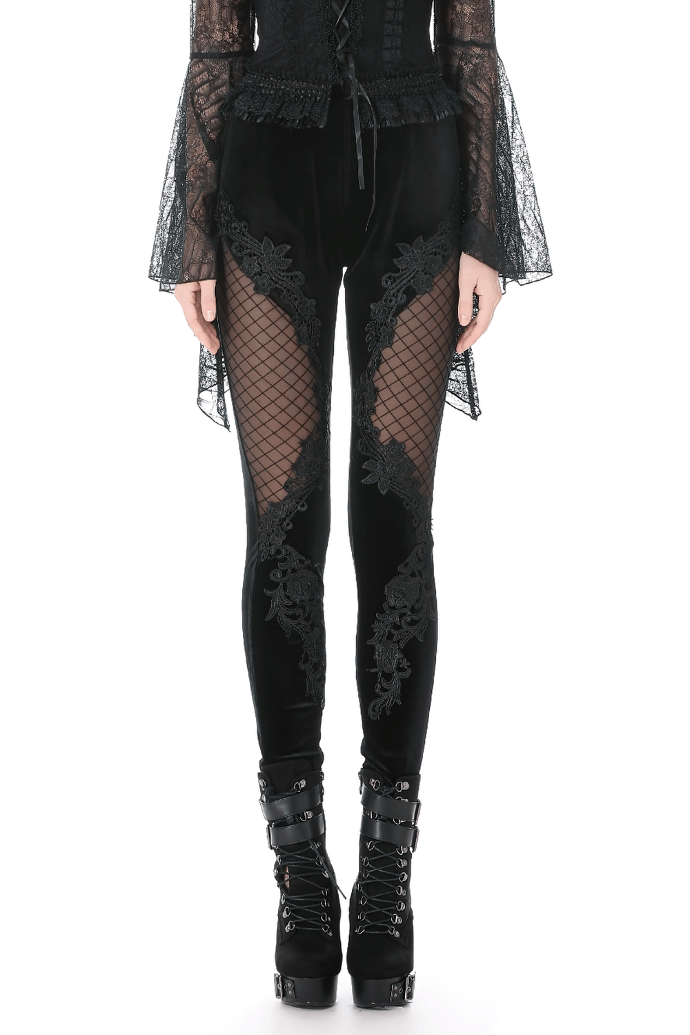 Chic Lace Mesh Panel Leggings with Floral Embroidery