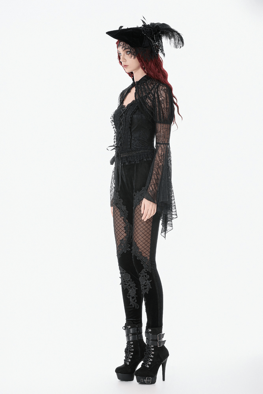 Chic Lace Mesh Panel Leggings with Floral Embroidery