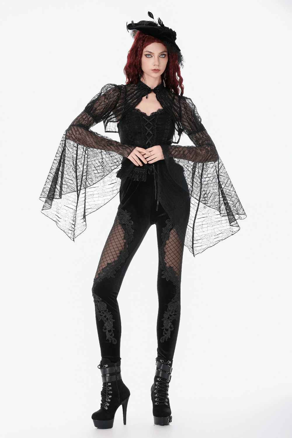 Chic Lace Mesh Panel Leggings with Floral Embroidery