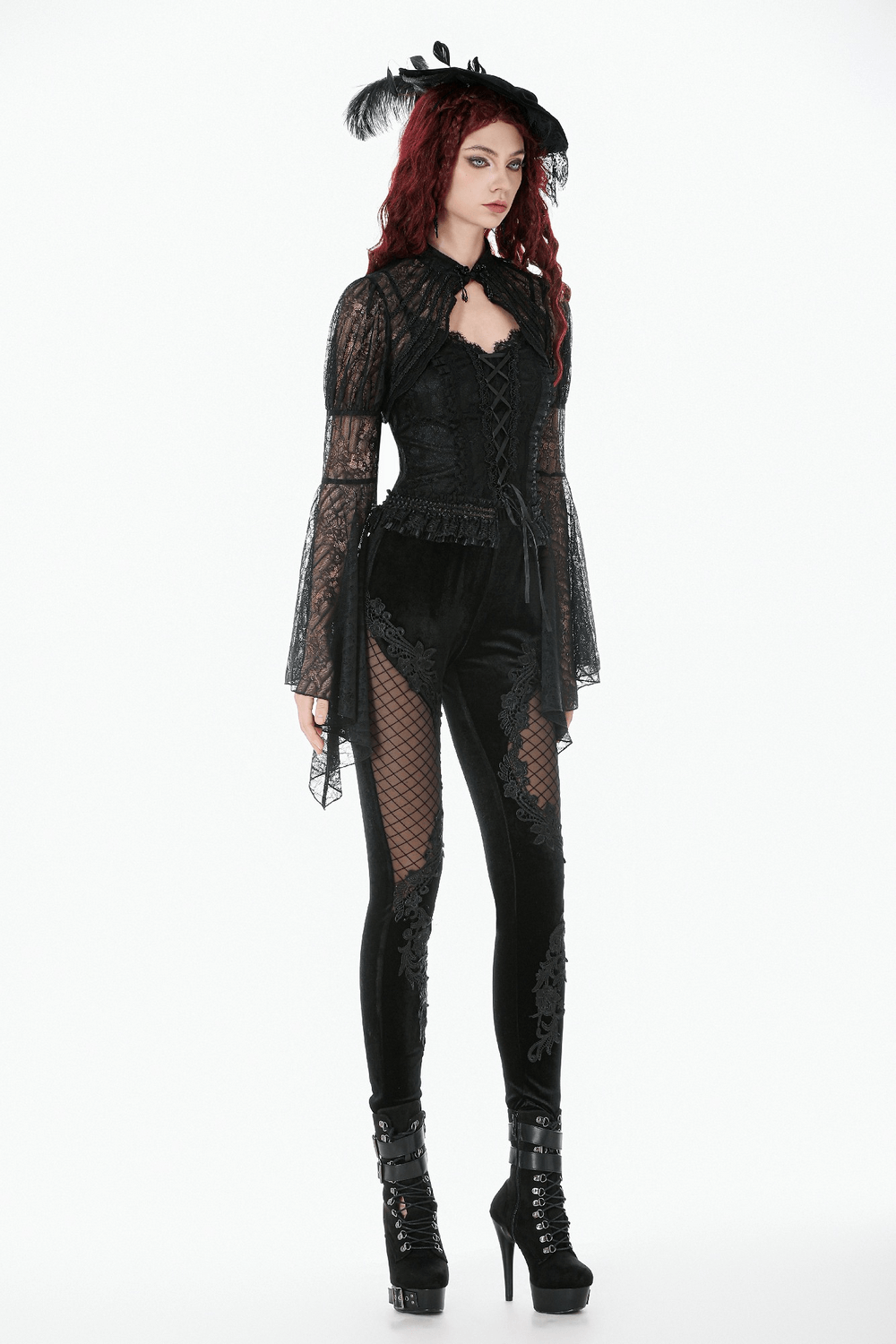 Chic Lace Mesh Panel Leggings with Floral Embroidery