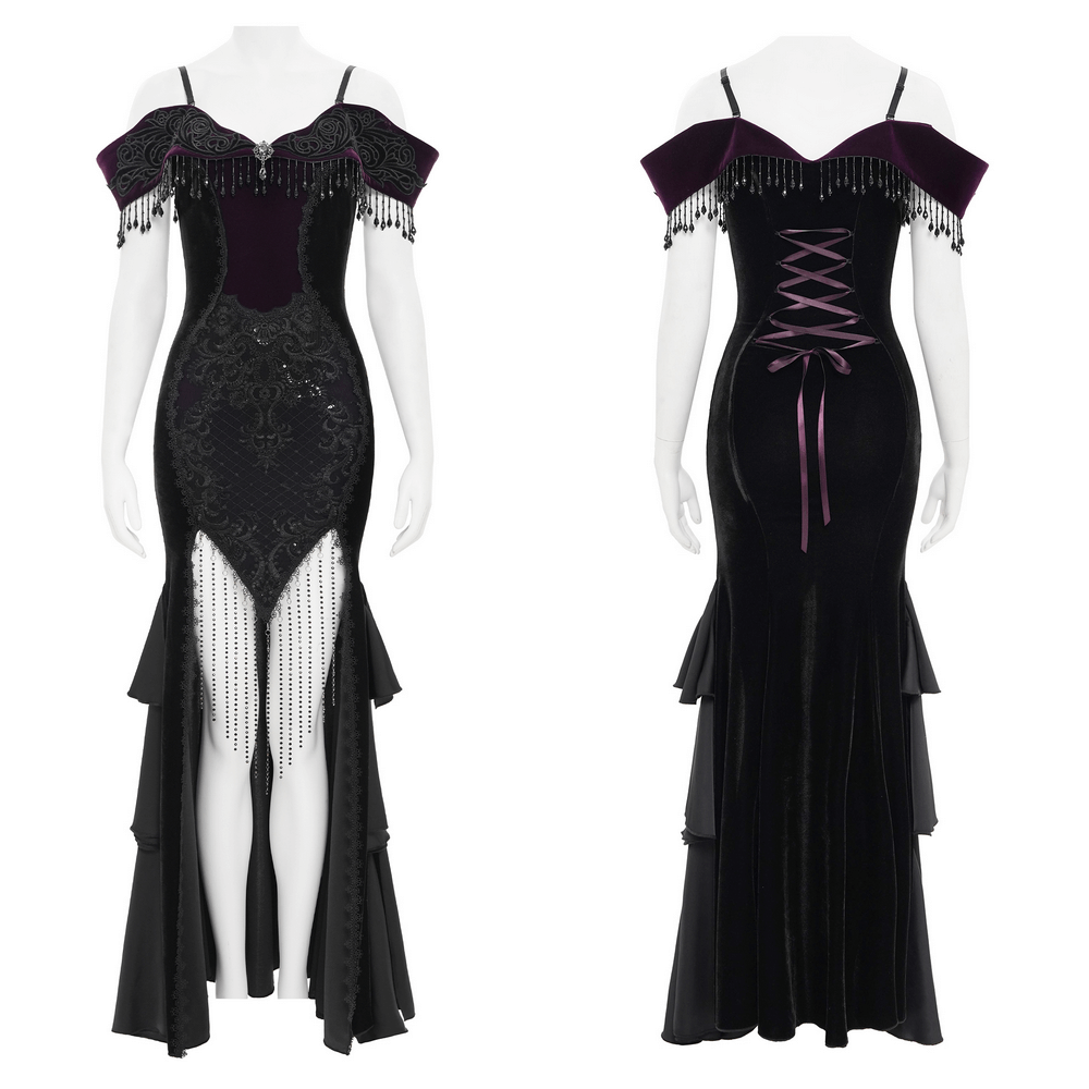 Chic Off-Shoulder Dress with Lace-Up Back and Fringes