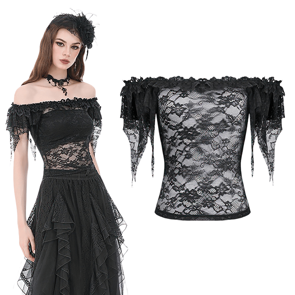 Chic Off Shoulder Floral Lace Sheer Mesh Top for Women