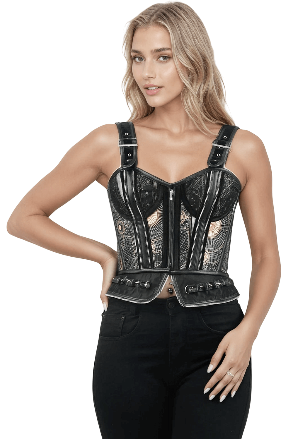 Chic Overbust Corset with Geometric Details and Zippers