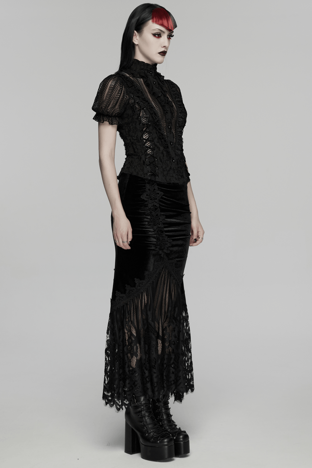 Chic Ruched Mermaid Lace Hem Gothic Long Skirt