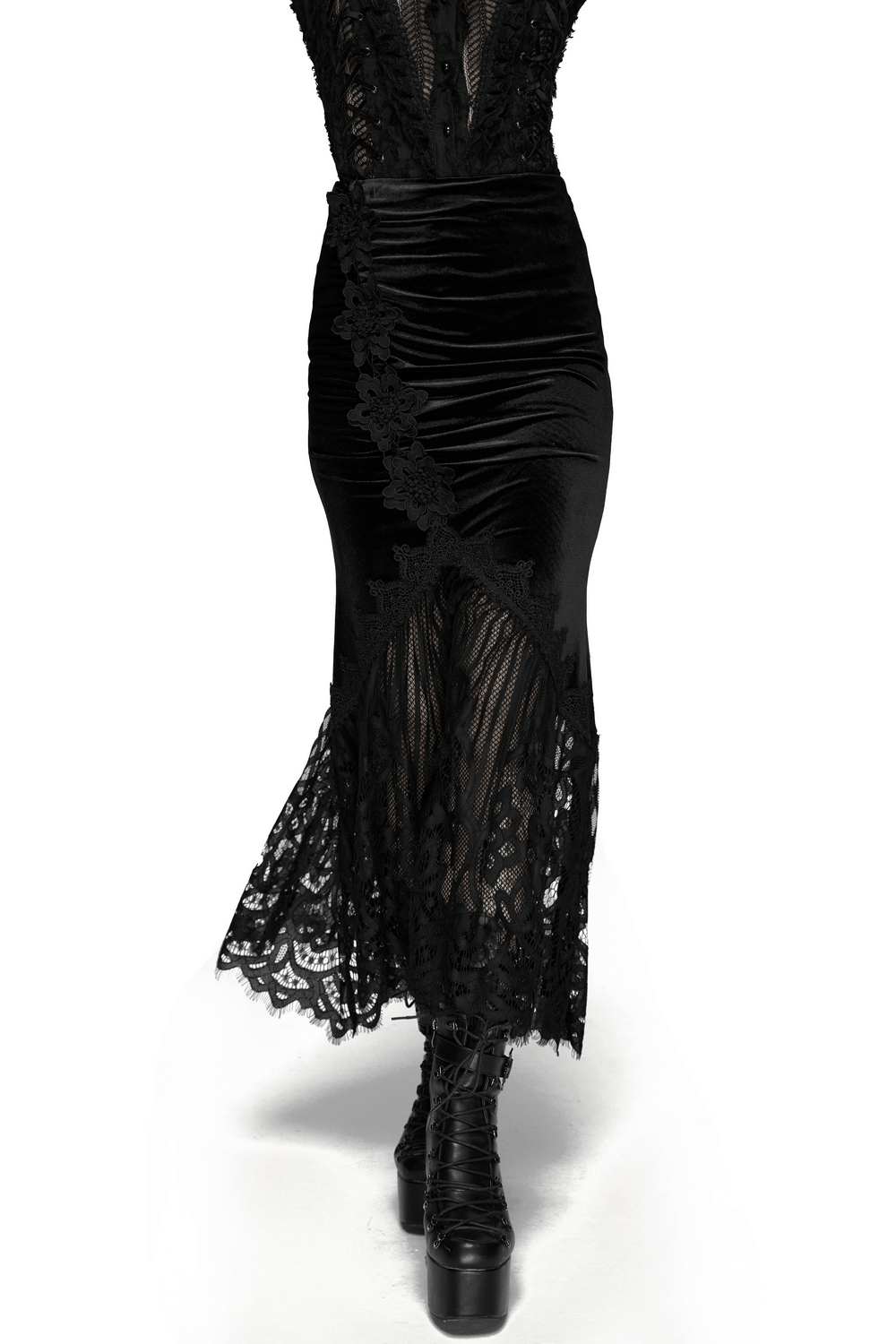 Chic Ruched Mermaid Lace Hem Gothic Long Skirt