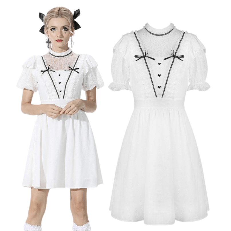 Chic Short Puff Sleeves Lace-Trimmed White Dress
