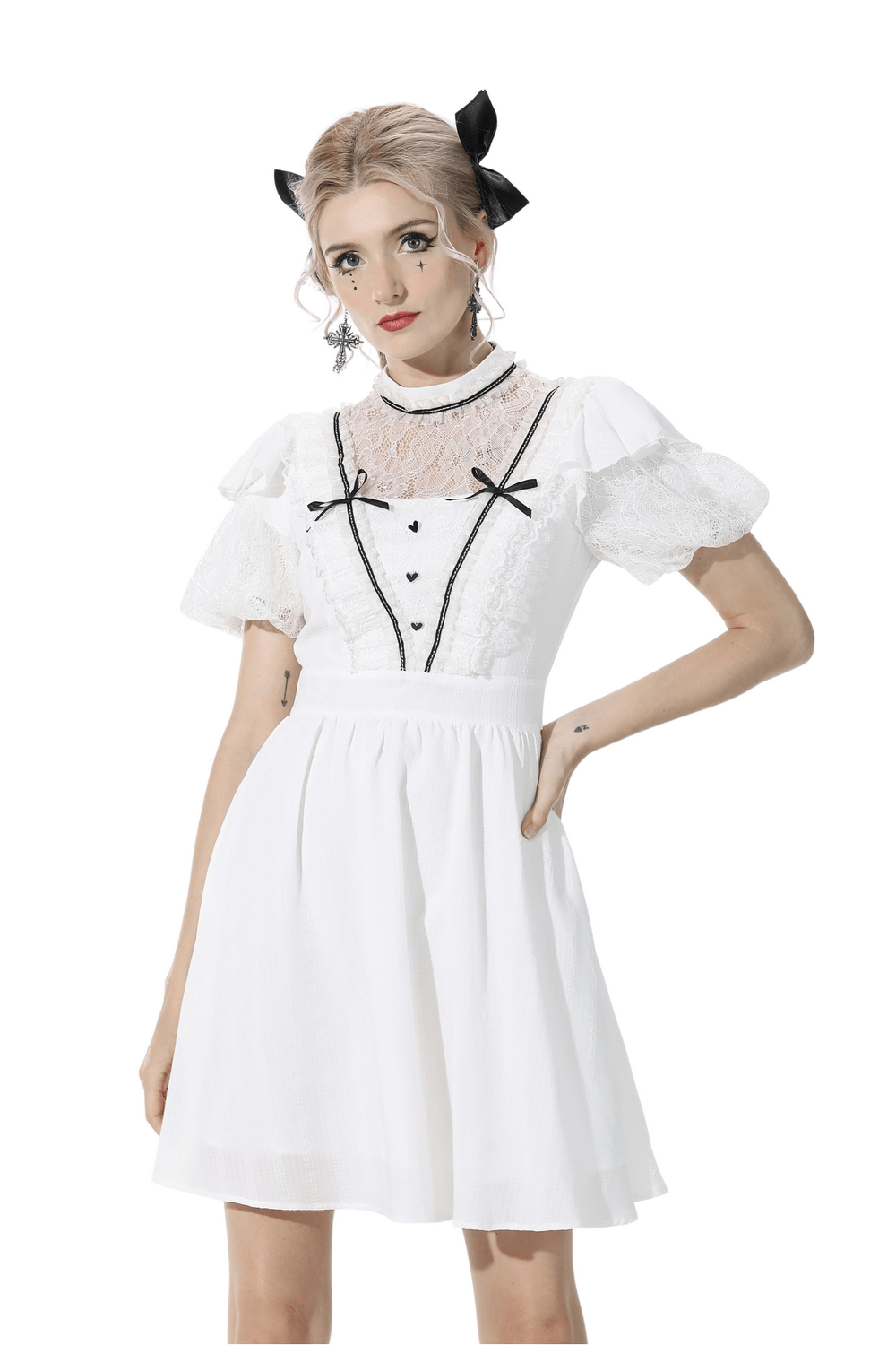 Chic Short Puff Sleeves Lace-Trimmed White Dress
