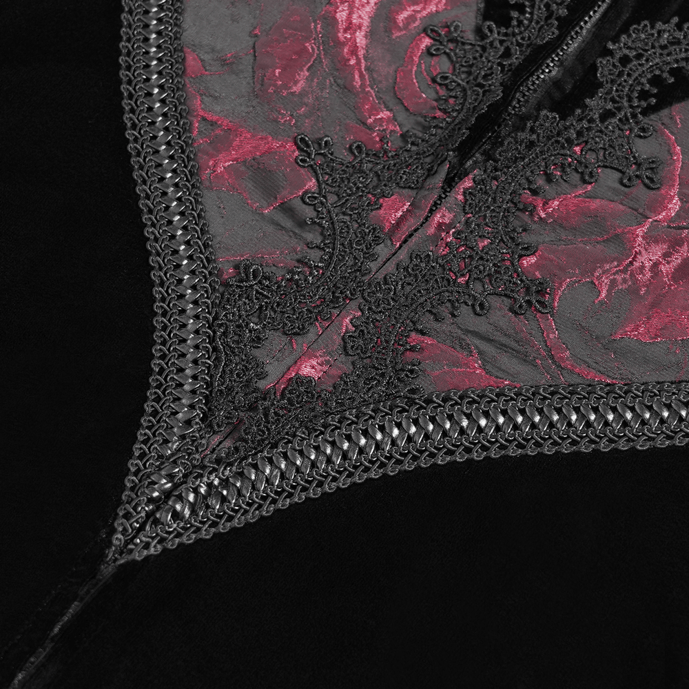 Chic Velvet Evening Dress with Lace and Wine Red Accents