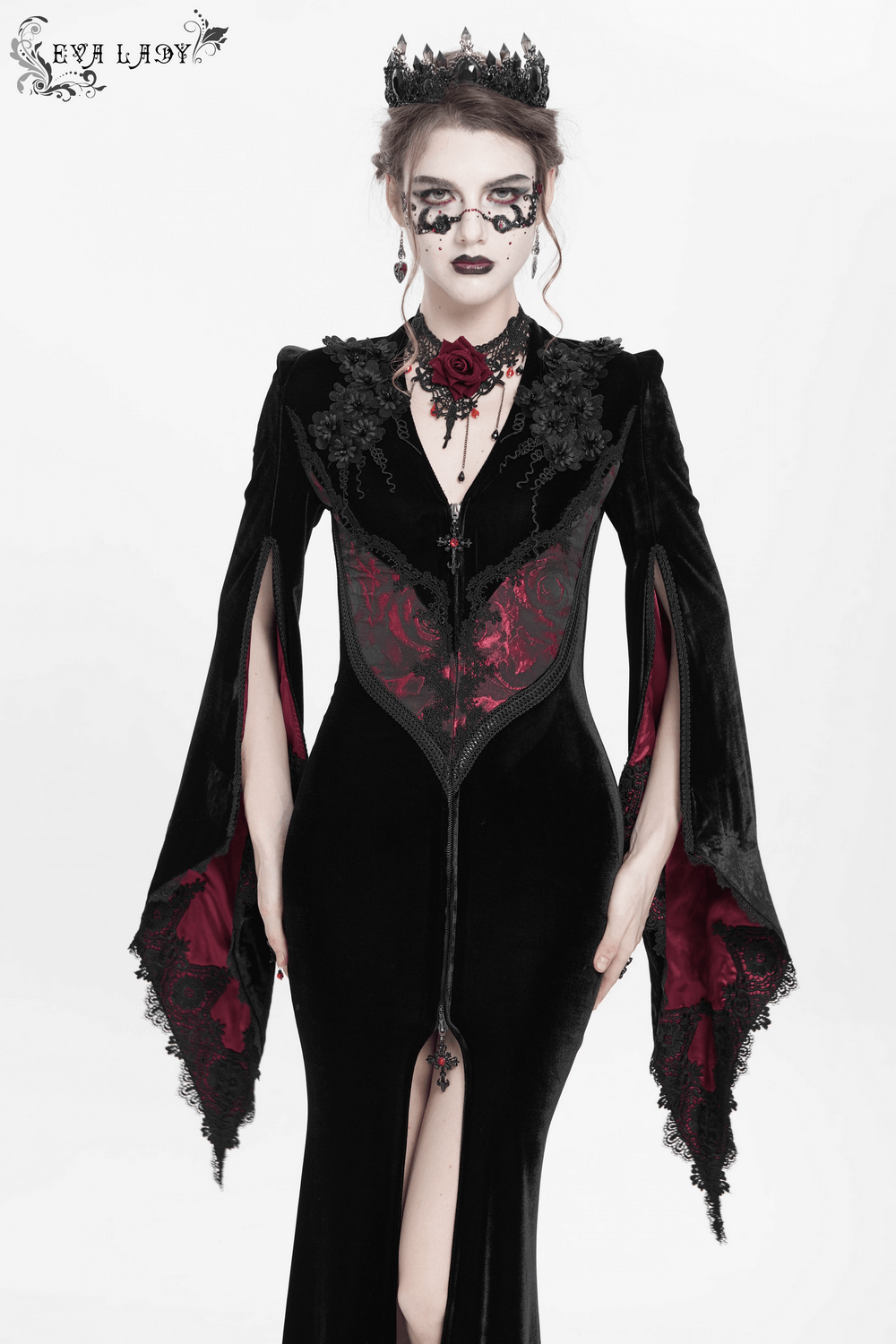 Chic Velvet Evening Dress with Lace and Wine Red Accents