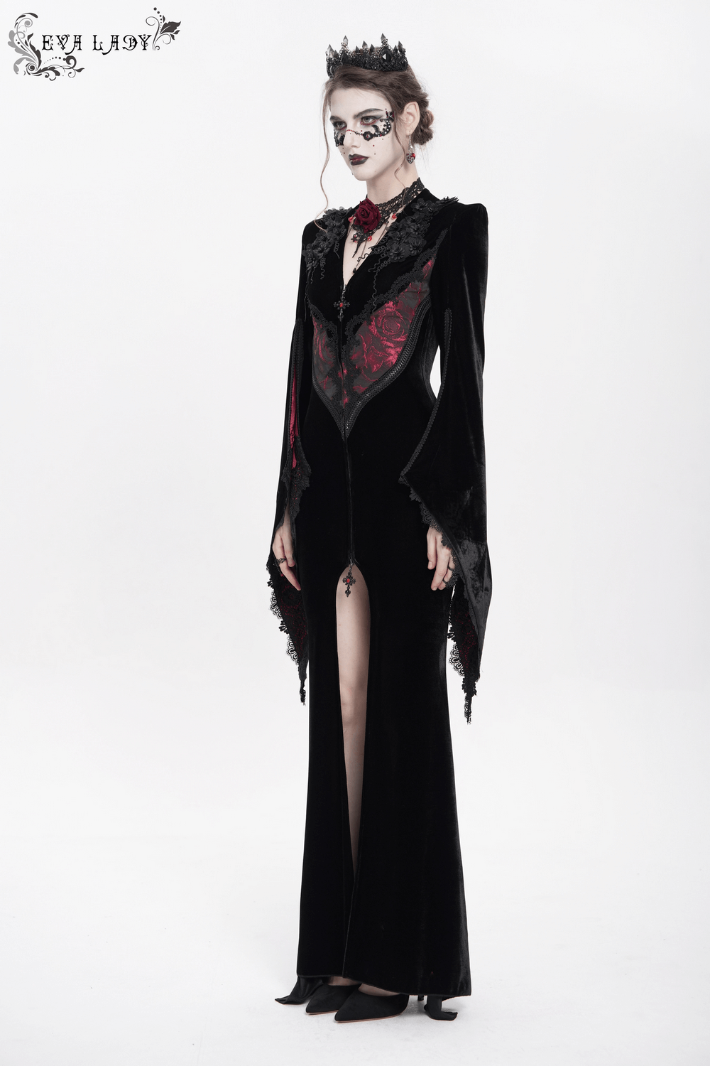 Chic Velvet Evening Dress with Lace and Wine Red Accents