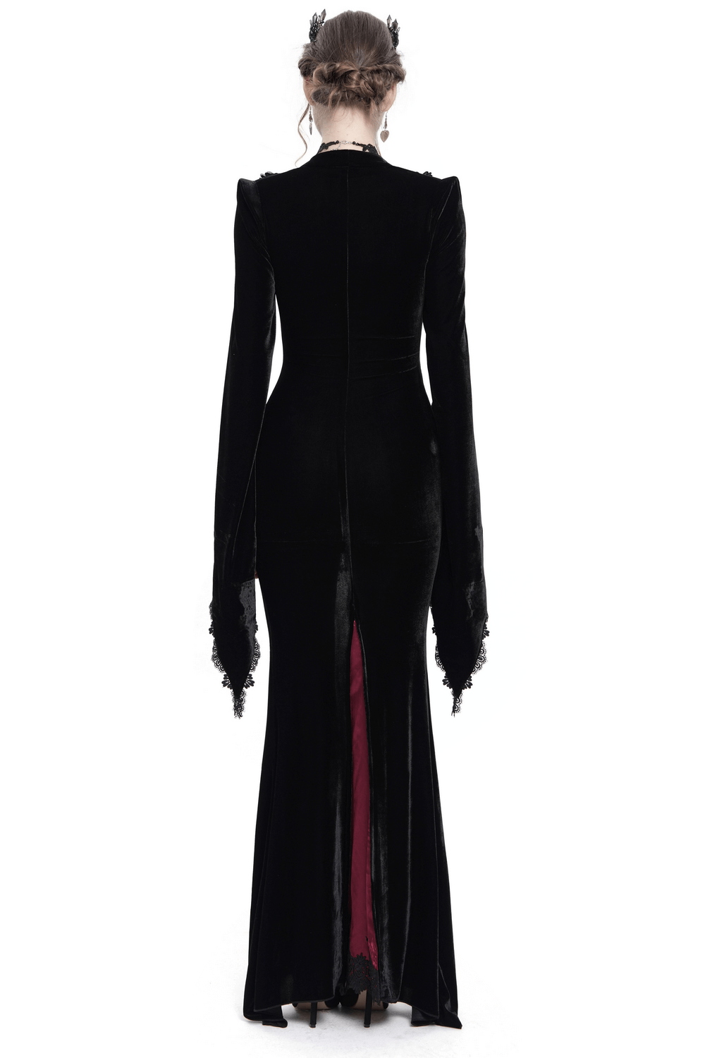 Chic Velvet Evening Dress with Lace and Wine Red Accents
