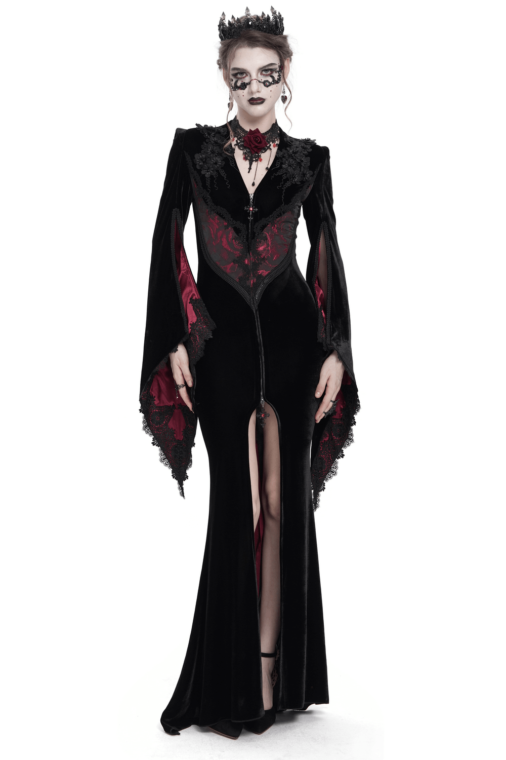 Chic Velvet Evening Dress with Lace and Wine Red Accents