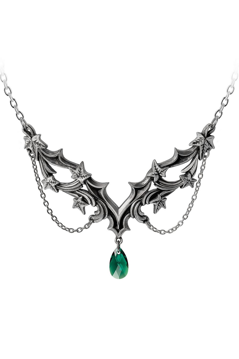 Churchyard Gothic Necklace Ivy Leaves with Green Crystal