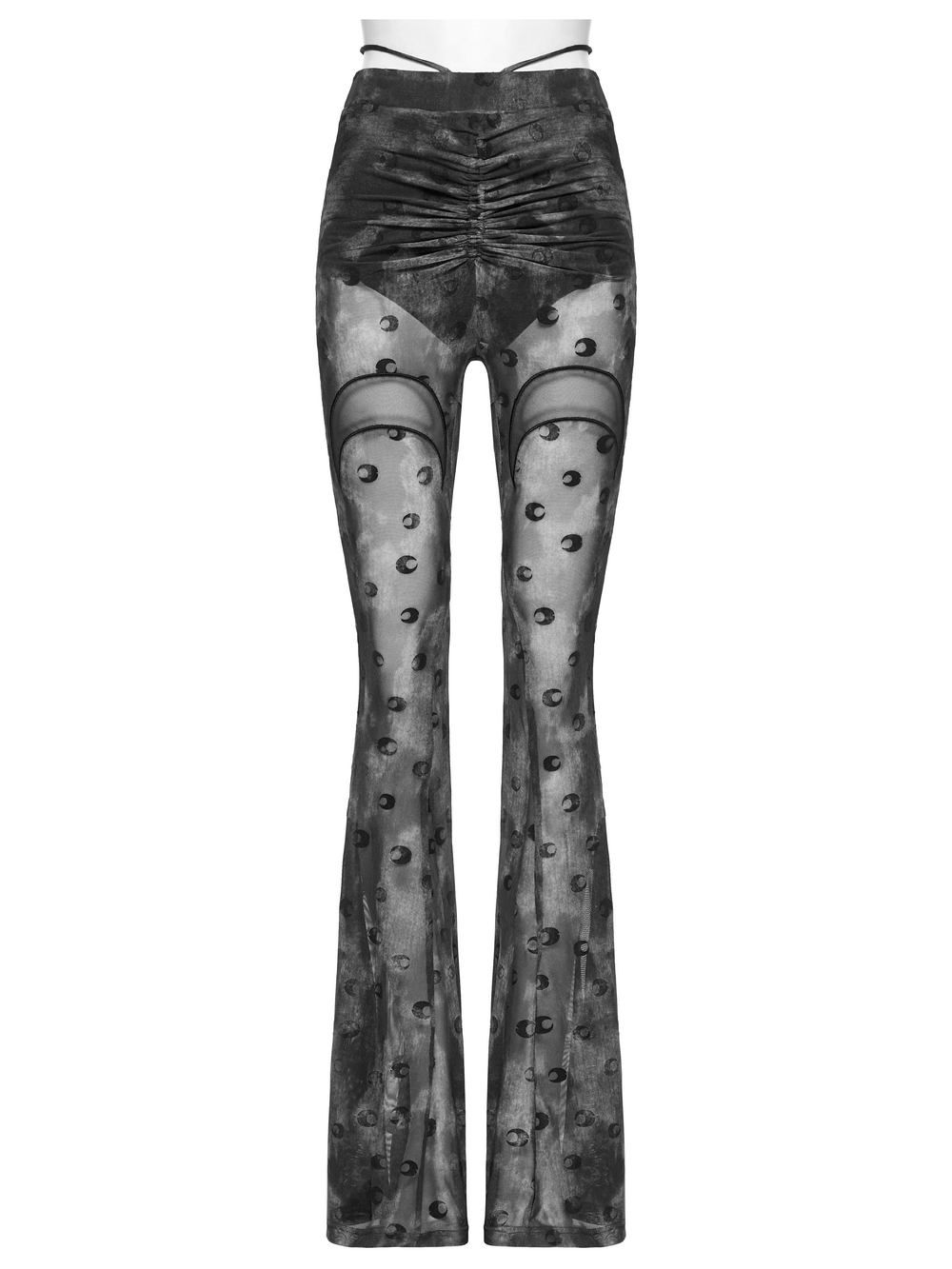 Crescent Moon Mesh Flare Pants with Pleated Waist Strap