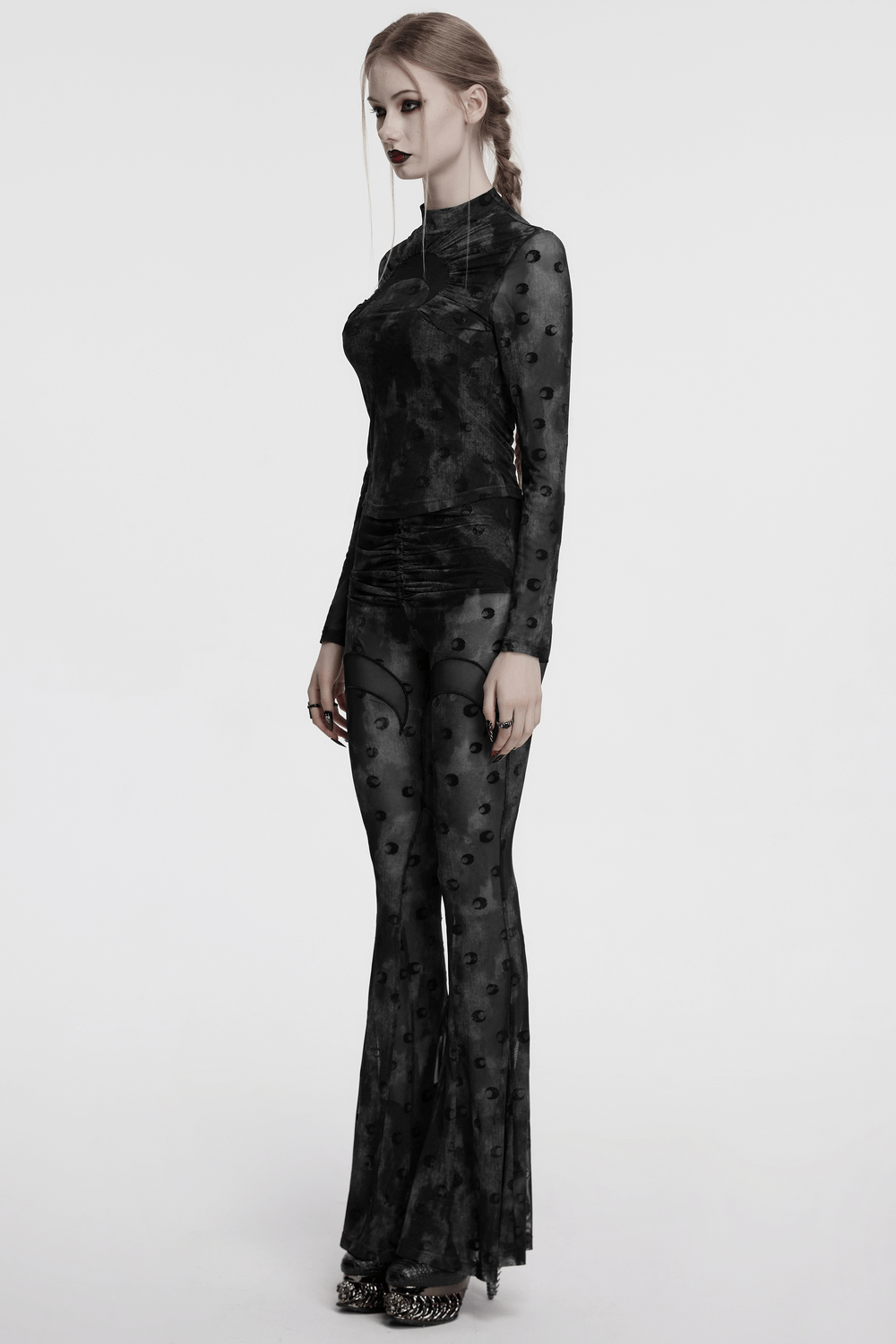 Crescent Moon Mesh Flare Pants with Pleated Waist Strap