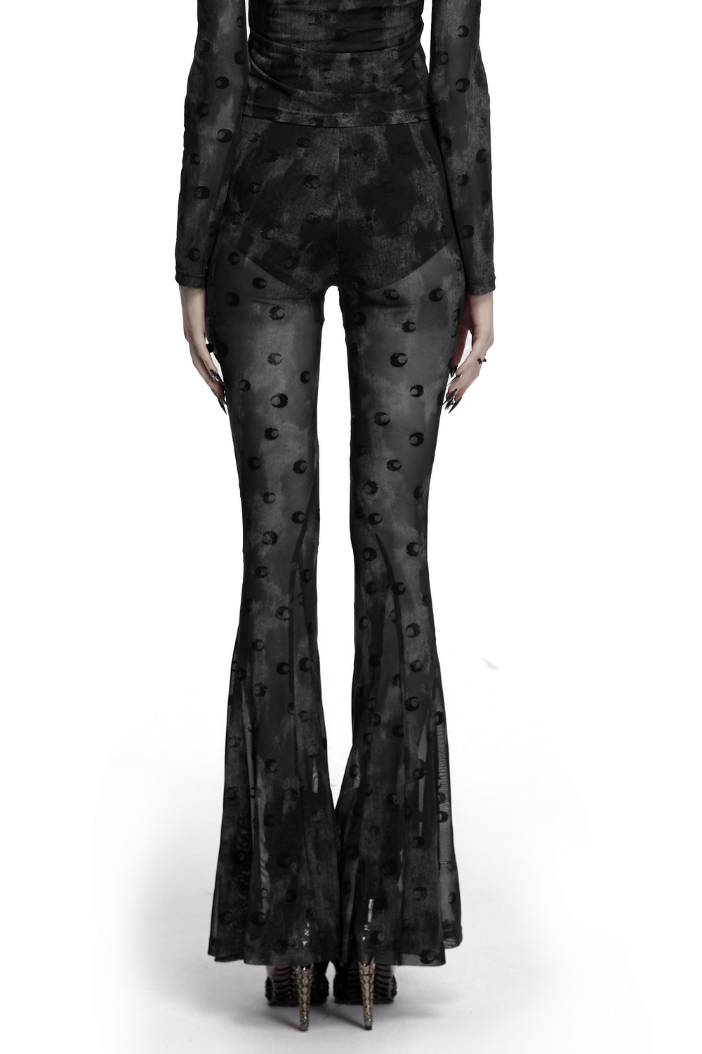 Crescent Moon Mesh Flare Pants with Pleated Waist Strap