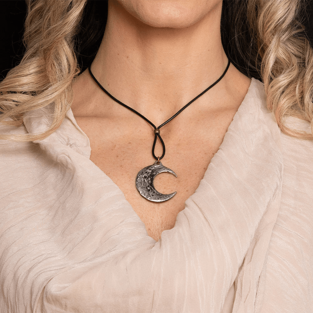 Crescent Moon Pendant Necklace with Pewter Talisman