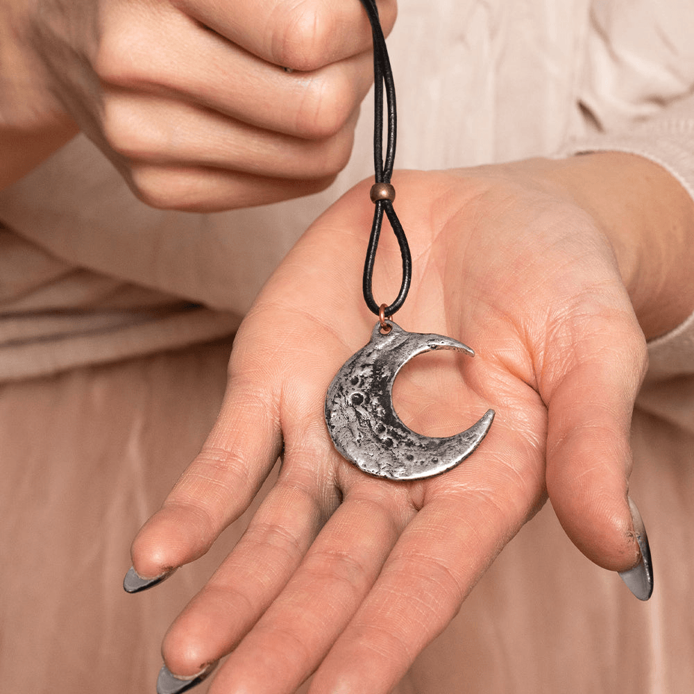 Crescent Moon Pendant Necklace with Pewter Talisman