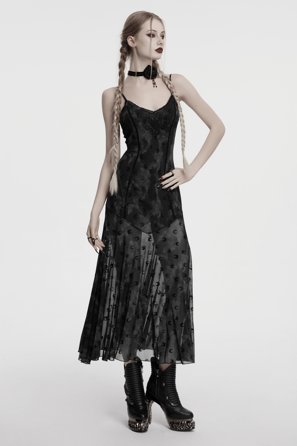 Crescent Print Two-Piece Dress with Layered Gothic Mesh