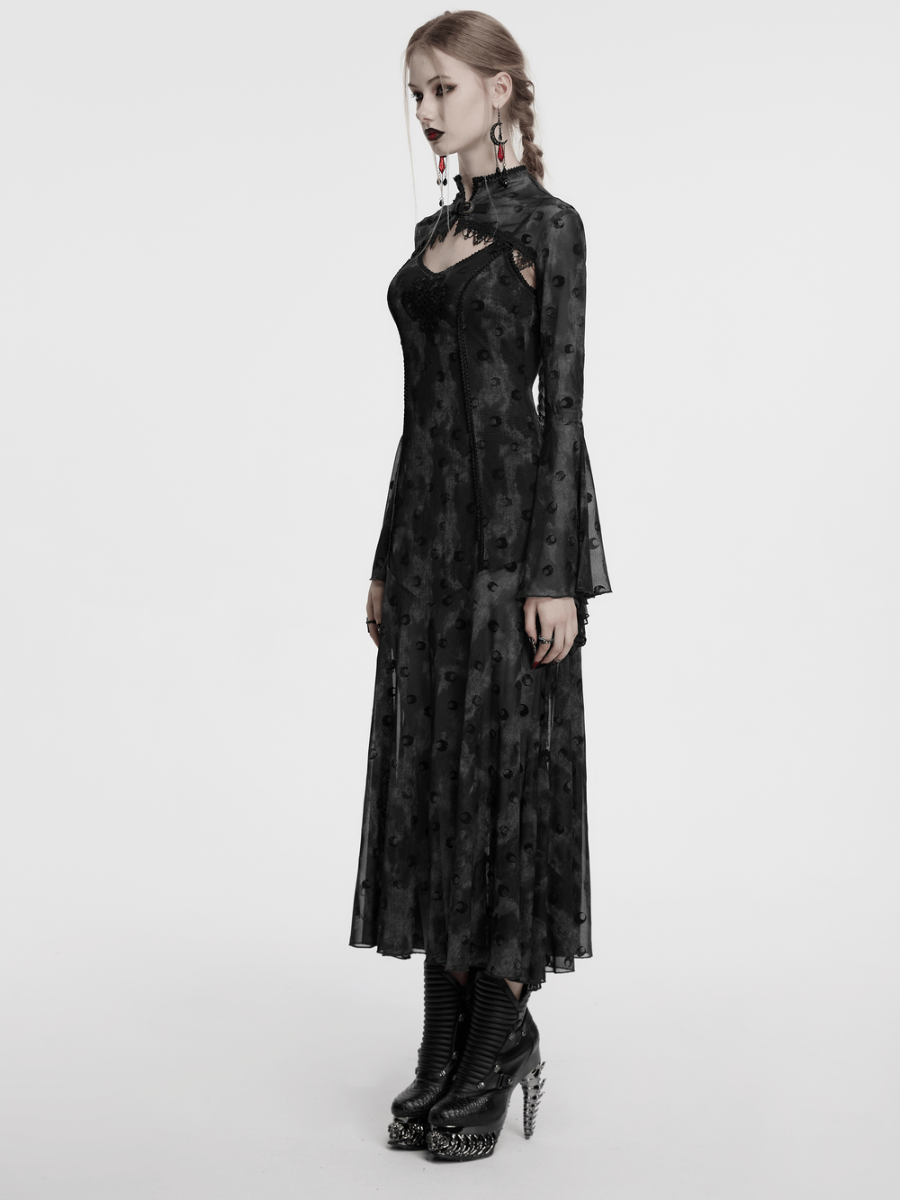 Crescent Print Two-Piece Dress with Layered Gothic Mesh