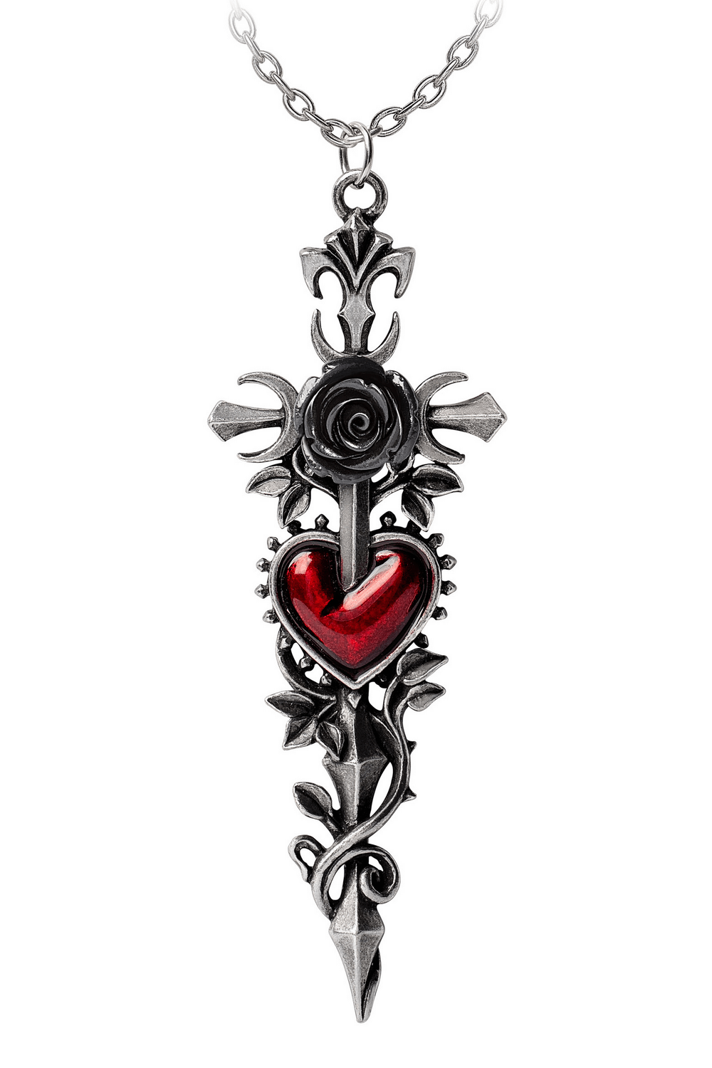 Cross of the Dark Kiss Pendant with Red Heart and Rose