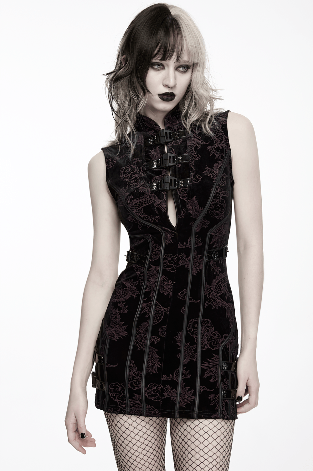 Cyber Chinese Dragon Mini Dress with Buckle Details