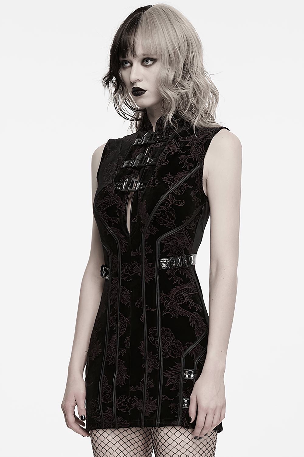 Cyber Chinese Dragon Mini Dress with Buckle Details