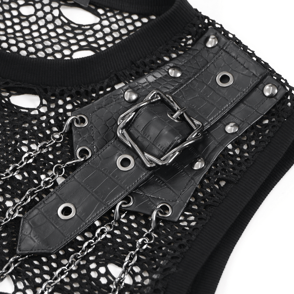 Cyberpunk Distressed Fishnet Top with Buckle Shoulder Straps
