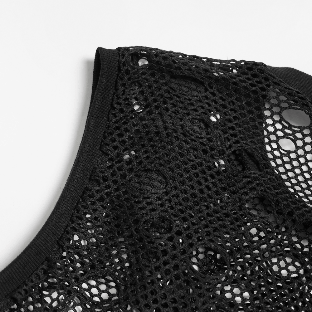 Cyberpunk Distressed Fishnet Top with Buckle Shoulder Straps