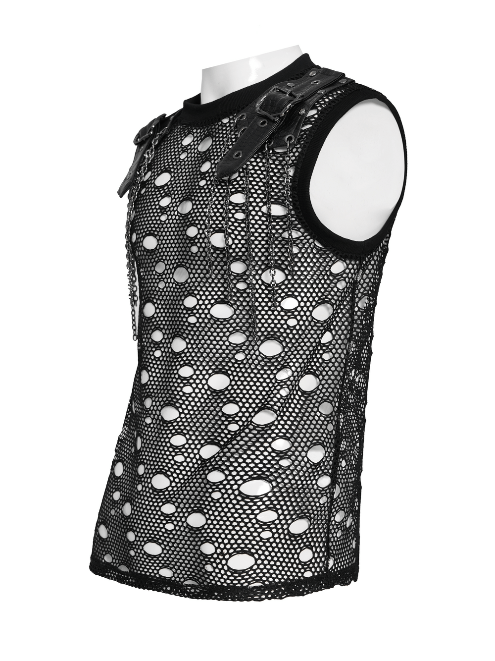 Cyberpunk Distressed Fishnet Top with Buckle Shoulder Straps