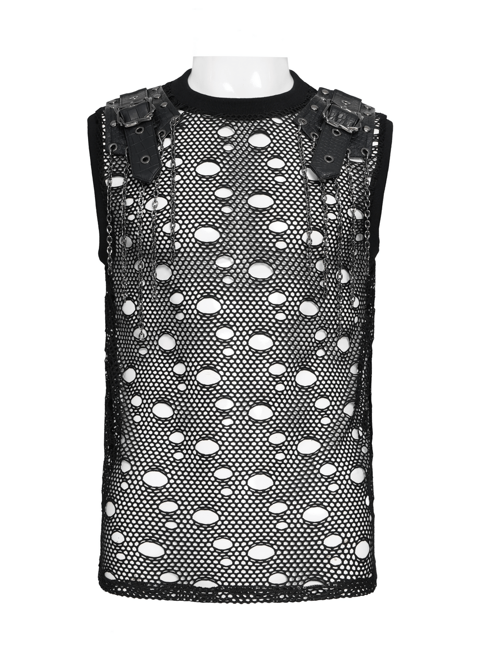 Cyberpunk Distressed Fishnet Top with Buckle Shoulder Straps