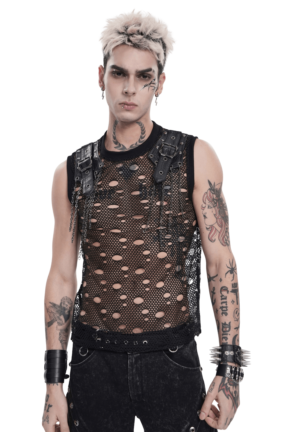 Cyberpunk Distressed Fishnet Top with Buckle Shoulder Straps
