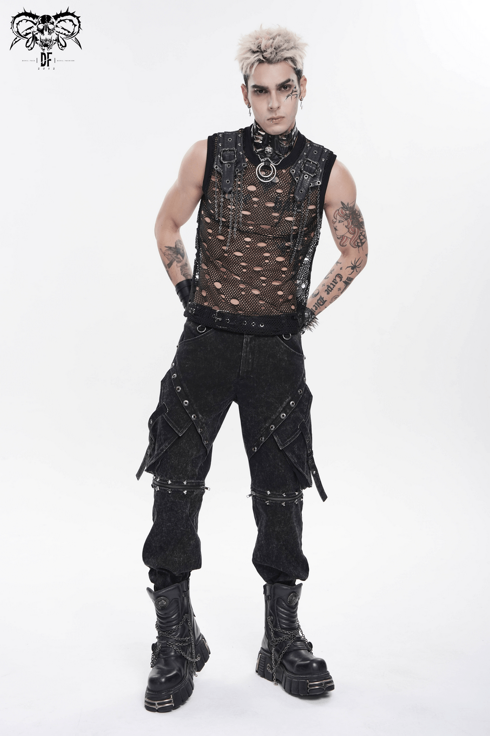 Cyberpunk Distressed Fishnet Top with Buckle Shoulder Straps