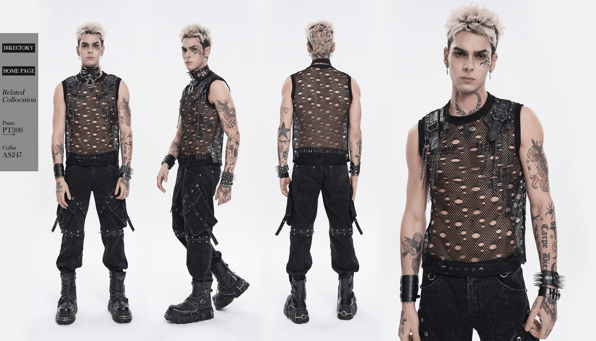 Cyberpunk Distressed Fishnet Top with Buckle Shoulder Straps