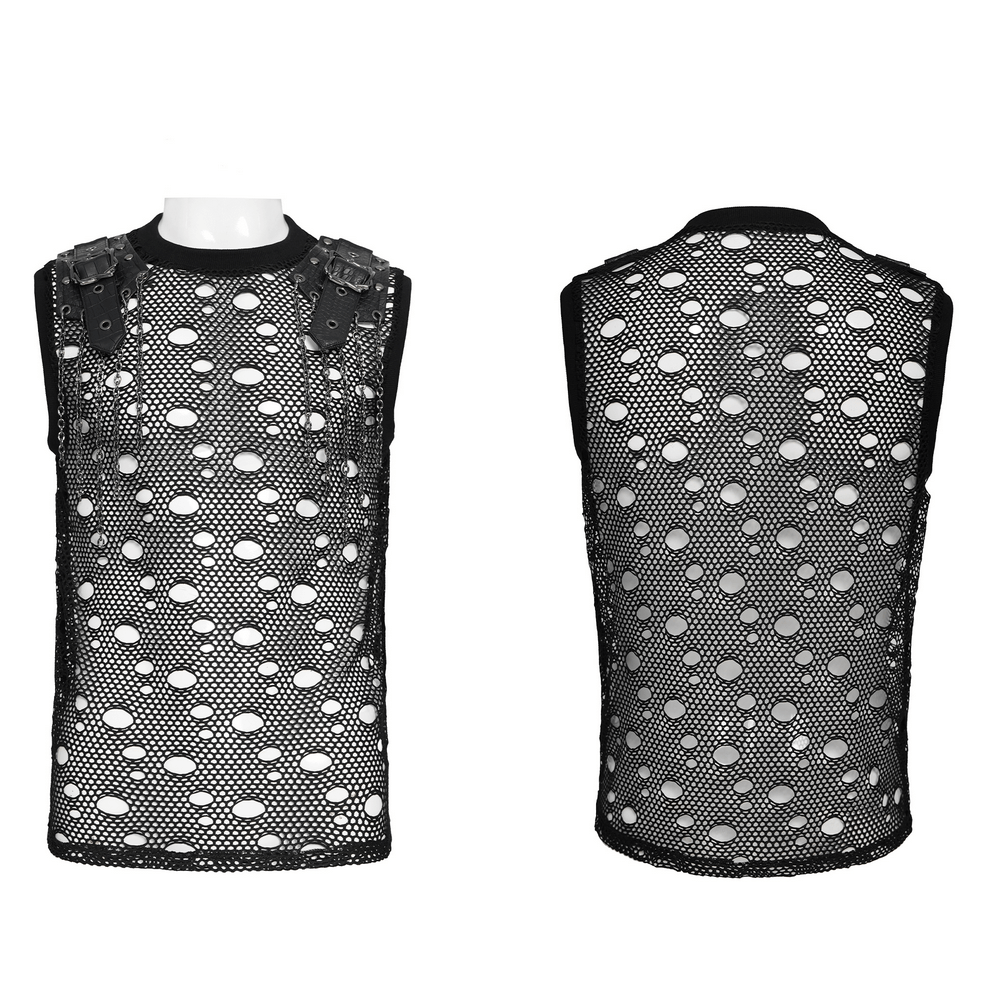 Cyberpunk Distressed Fishnet Top with Buckle Shoulder Straps