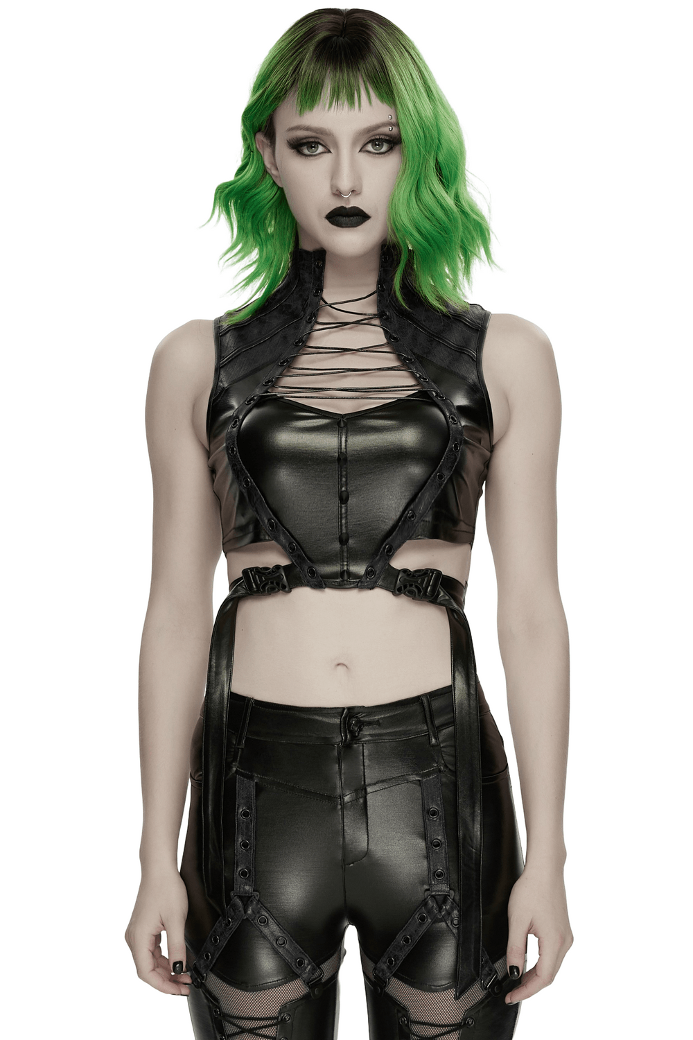 Cyberpunk Faux Leather Lace Up Harness Crop Top