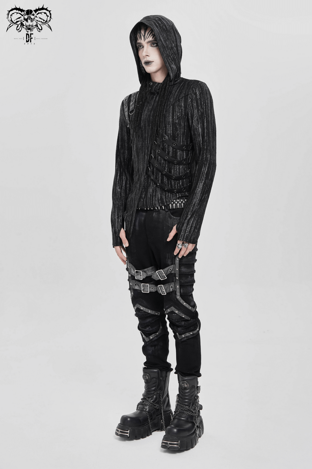 Cyberpunk Hooded Top with Straps and Asymmetric Hem