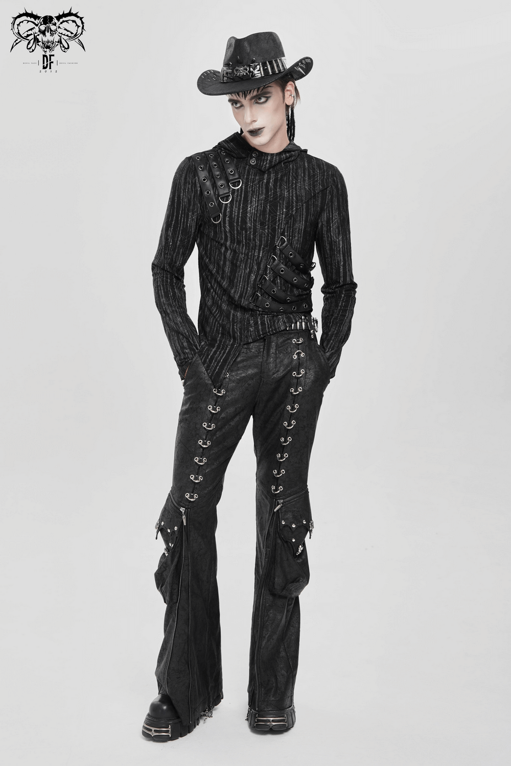 Cyberpunk Hooded Top with Straps and Asymmetric Hem