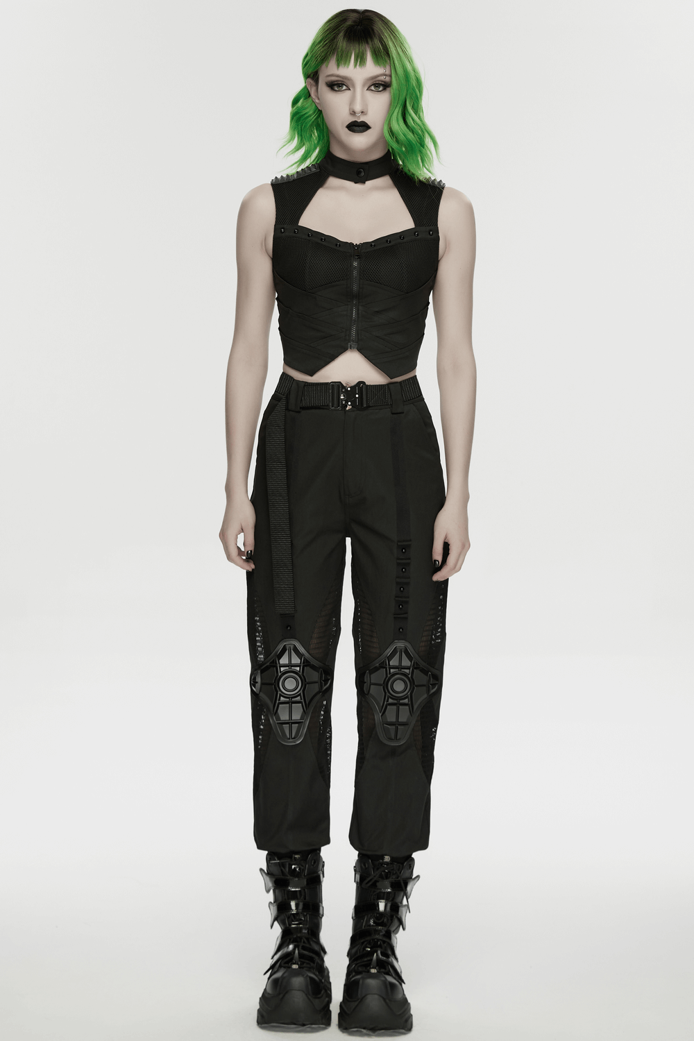 Cyberpunk Mesh Halter Top with Studs and Zipper