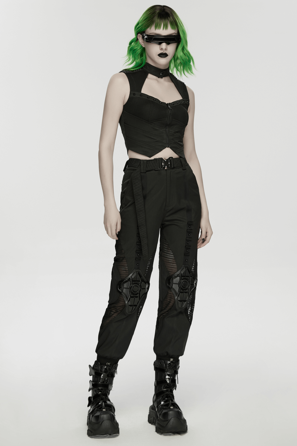 Cyberpunk Mesh Halter Top with Studs and Zipper