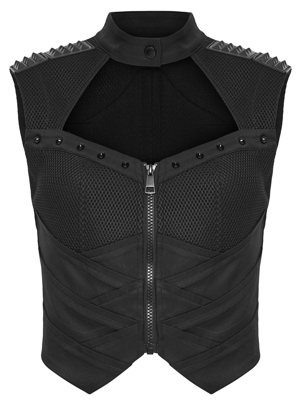 Cyberpunk Mesh Halter Top with Studs and Zipper