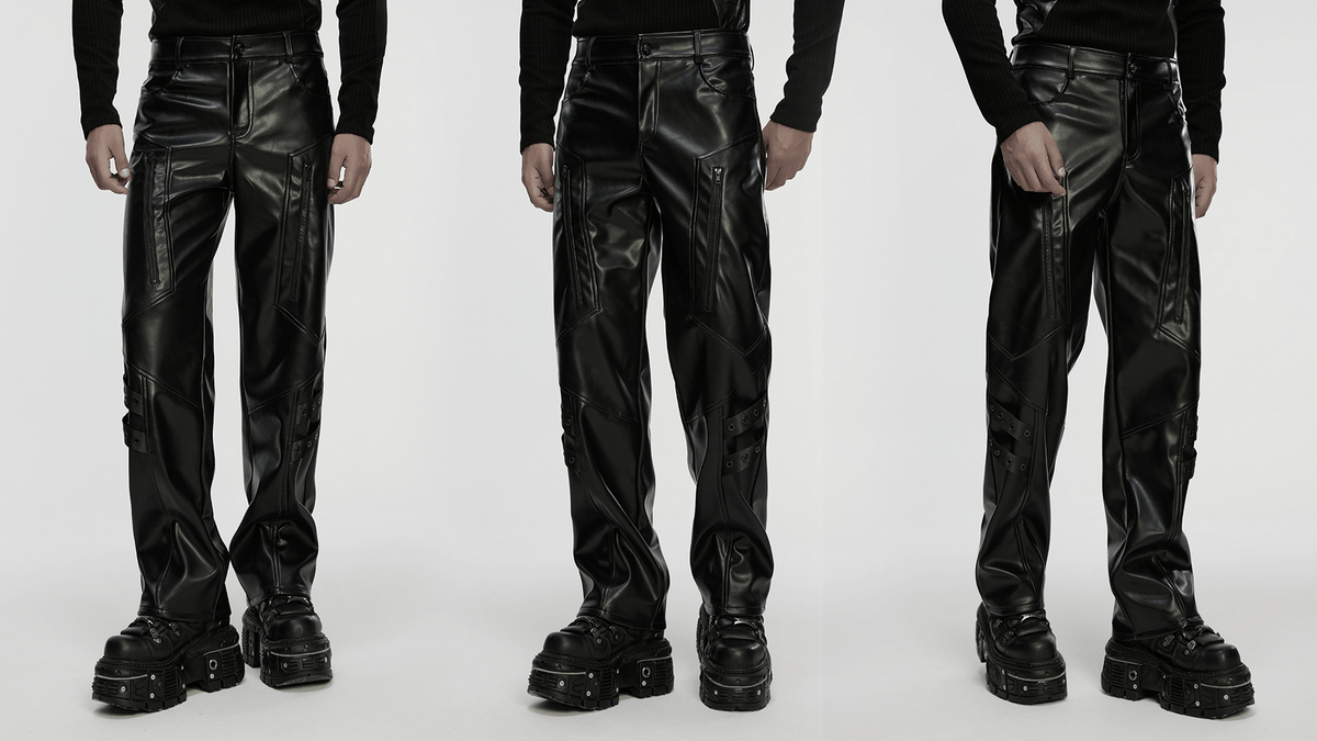 Cyberpunk Straight Black Faux Leather Pants with Zippers