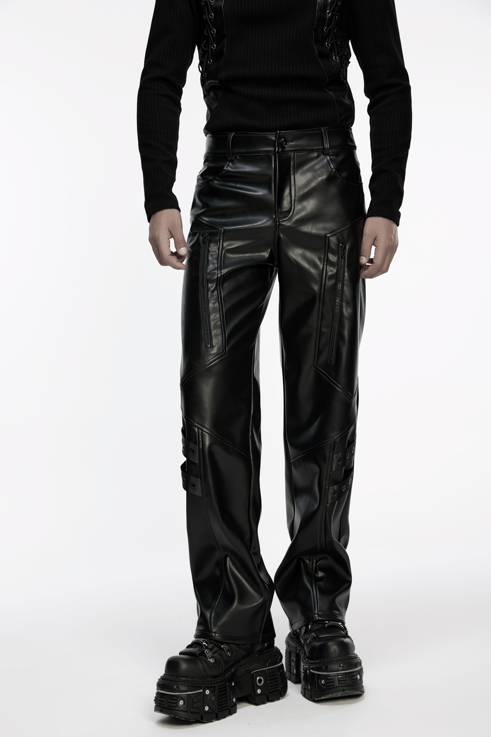 Cyberpunk Straight Black Faux Leather Pants with Zippers