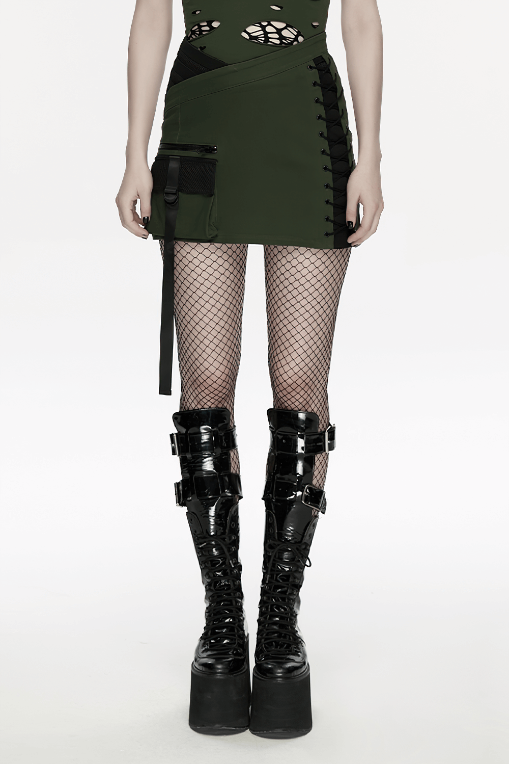 Cyberpunk Tactical Mini Skirt With Lace Up and Pockets