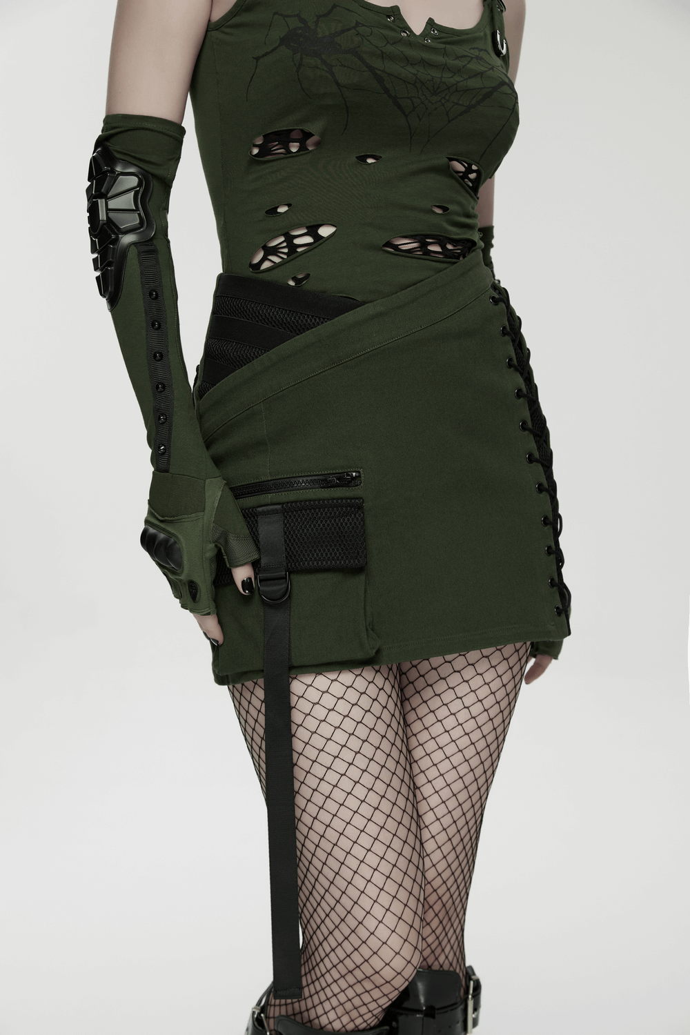Cyberpunk Tactical Mini Skirt With Lace Up and Pockets