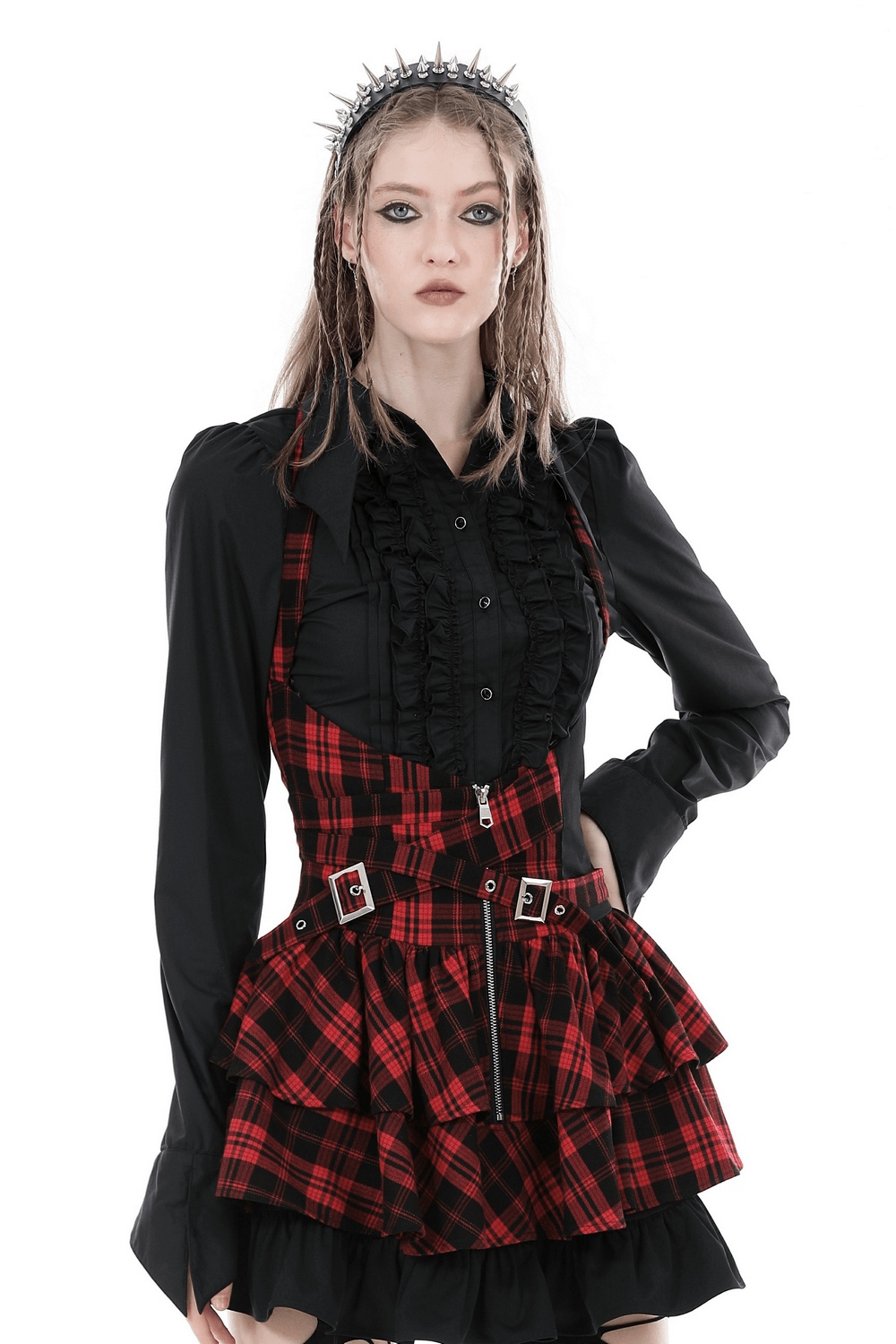 US SALE of Dark Gothic Buttons Ruffle Blouse With Long Sleeves